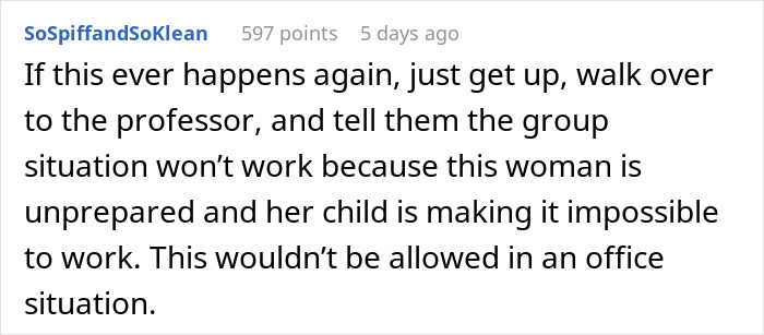 Reddit comment about a mom and her child in college, discussing disruption and group work challenges.