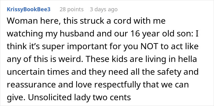 Text from a user offering advice on teen boys wanting to snuggle with dads for support and reassurance.