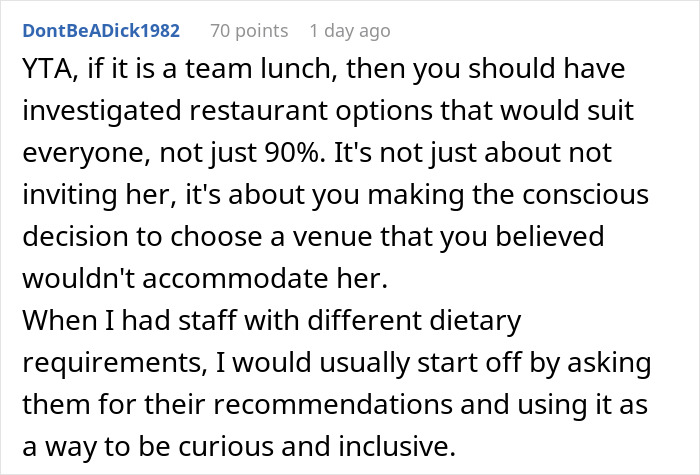 Comment criticizing a manager for excluding a coworker from BBQ due to diet and urging inclusivity.