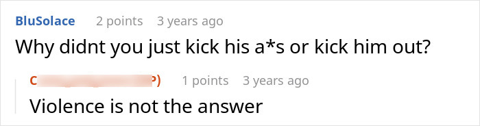 Comments discussing a roommate stealing food and suggesting non-violent solutions.