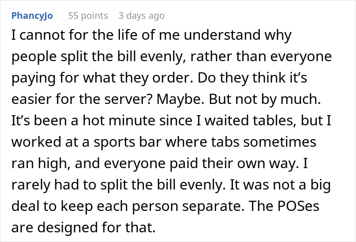Reddit comment on splitting the bill evenly versus paying for individual orders at restaurants.