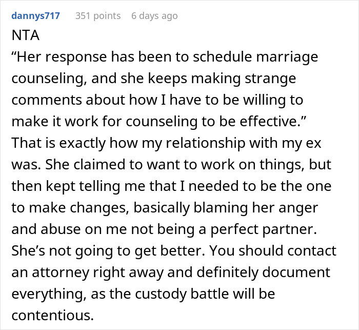 Reddit comment about marriage counseling and relationship issues.