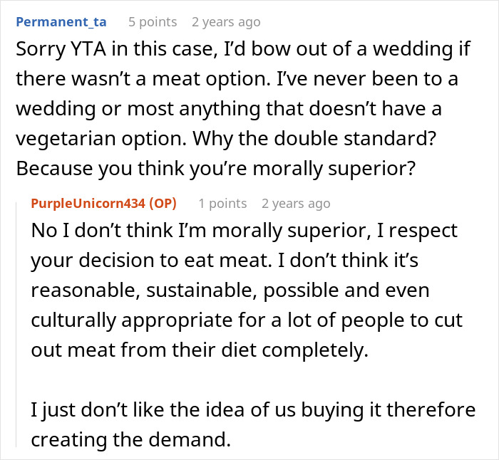 Debate on meat options at weddings; one comment questions moral superiority, another cites sustainability and demand issues. Debate on meat options at weddings; one comment questions moral superiority, another cites sustainability and demand issues.