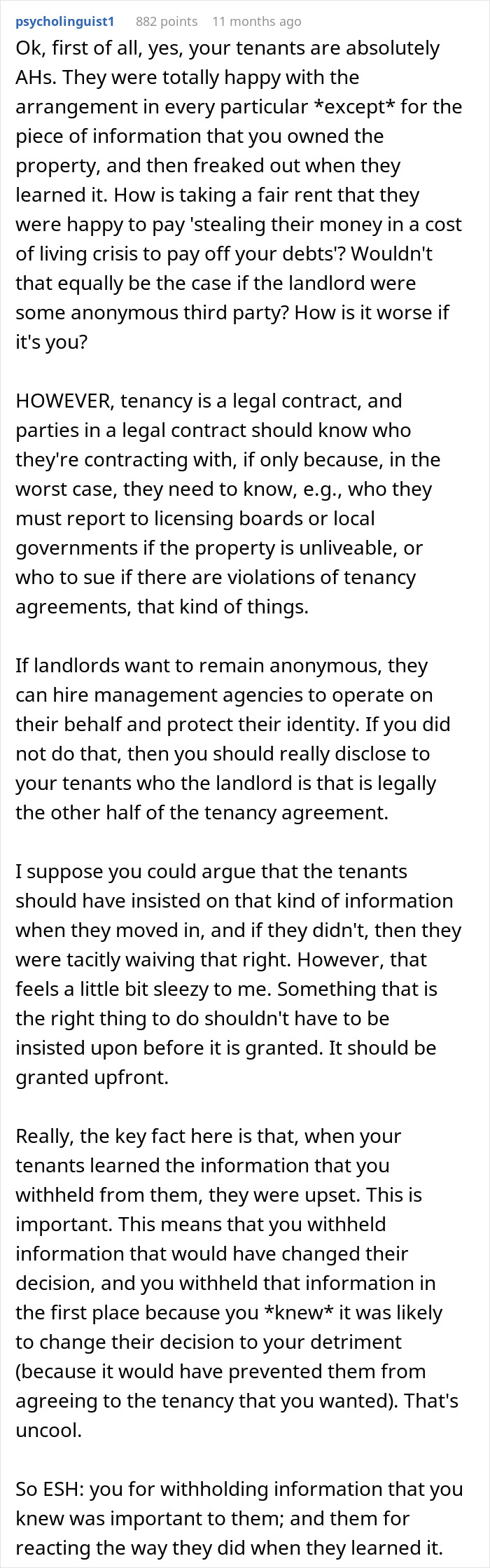 Text discussing a tenant's reaction to discovering their roommate is also the landlord. Text discussing a tenant's reaction to discovering their roommate is also the landlord.