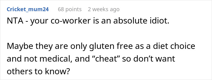 Reddit comment discussing a coworker's views on a gluten-free diet choice.