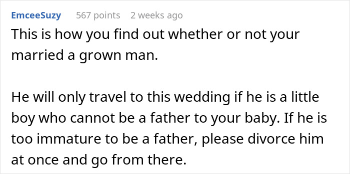 Text comment about a mom-to-be asking husband to skip sister's wedding due to her due date.
