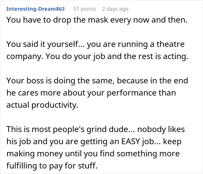 Text discussing easy job, performance over productivity, and making money without much effort.