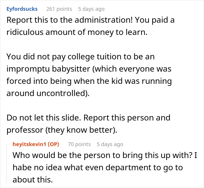 College student complains about a mom letting her child run and scream during class, disrupting the learning environment.
