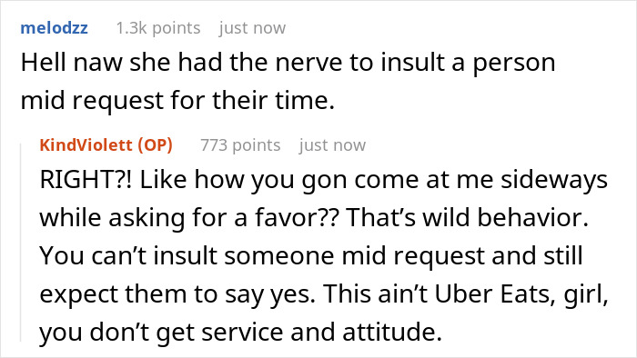 Comments discussing stress and babysitting request dynamics.