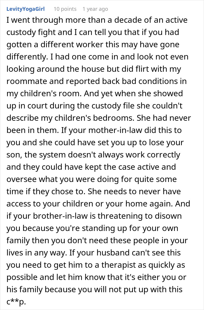 Text about personal experiences with false CPS claims and family drama, including issues with in-laws and custody disputes.