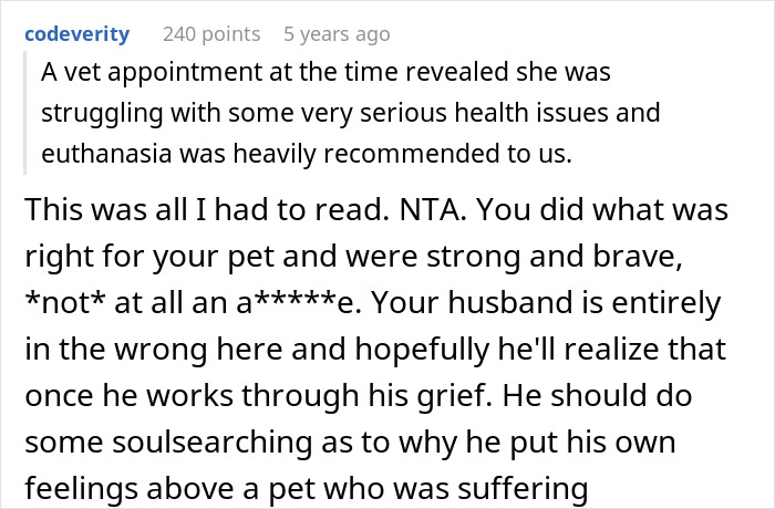 Reddit comment discussing euthanasia decision for a suffering dog amidst family disagreement.
