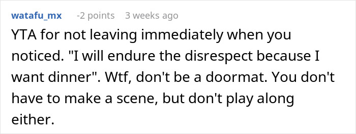 Reddit comment critiquing a decision to stay at a wedding without a plus one, mentioning disrespect and being assertive.