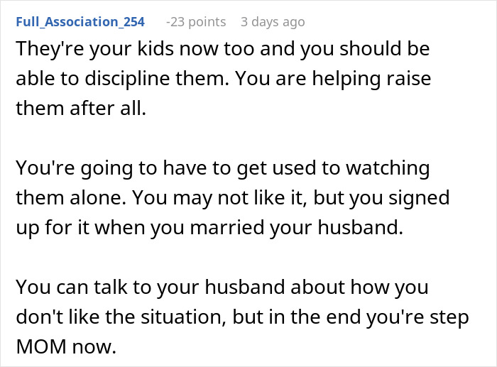Comment discussing stepmom responsibilities in a blended family dynamic. Comment discussing stepmom responsibilities in a blended family dynamic.