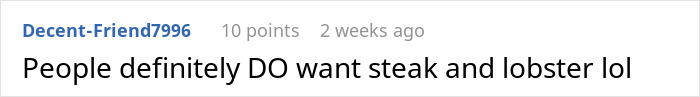 Reddit comment about steak and lobster on wedding menu.