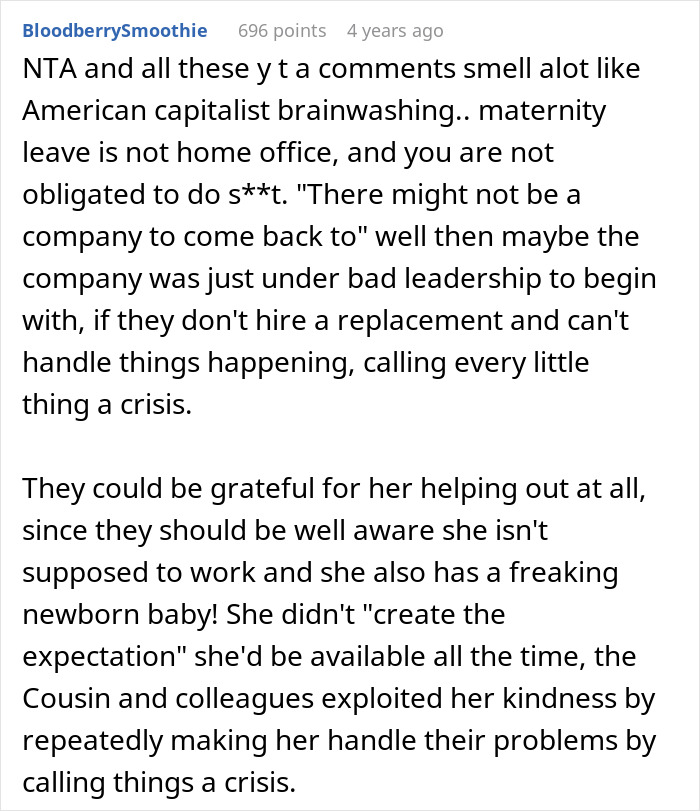 Comment discussing a woman's maternity leave and her boss's negative reaction after losing a client. Comment discussing a woman's maternity leave and her boss's negative reaction after losing a client.