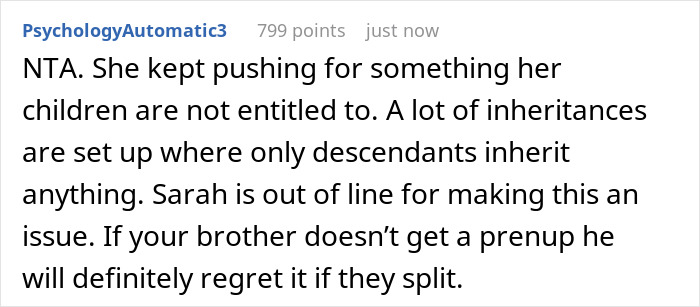 Text discussing inheritance for biological kids only, family dynamics, and a prenup suggestion if a split occurs.