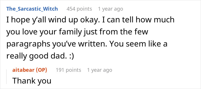 Reddit comment expressing support and appreciation for a dad caring for his daughter with leukemia watching for bears. Reddit comment expressing support and appreciation for a dad caring for his daughter with leukemia watching for bears.