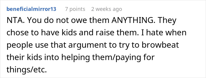 Reddit comment criticizing an argument to pressure kids into assisting parents; keywords: Cruel Father.