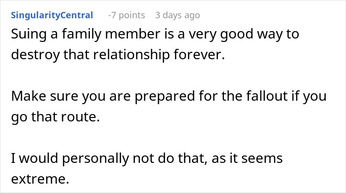 Comment warning about suing family, mentioning fallout and relationship damage.