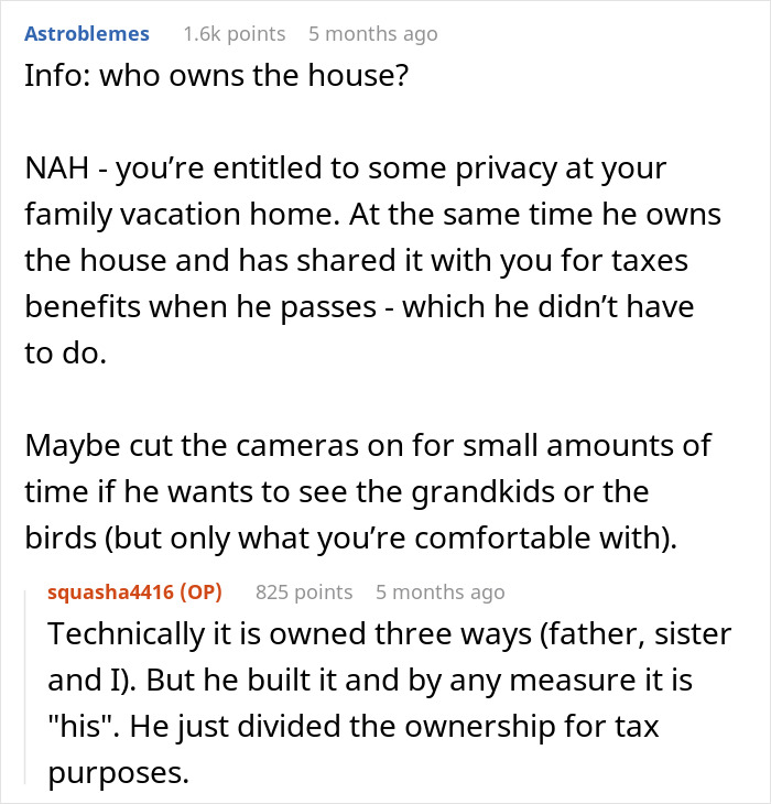 Discussion about turning off security cameras at a shared vacation house for privacy concerns.
