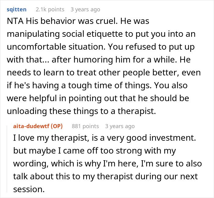Reddit comments discussing a man's need for a therapist instead of oversharing personal issues.