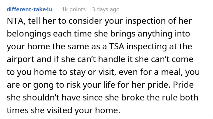 Reddit comment discussing baggage inspection concerns with brother-in-law and girlfriend staying over.