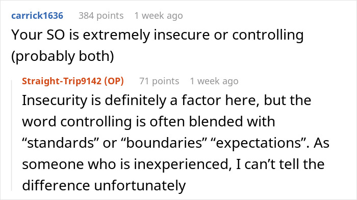 Reddit comments about a woman's reaction to her boyfriend's group photo, discussing insecurity and boundaries. Reddit comments about a woman's reaction to her boyfriend's group photo, discussing insecurity and boundaries.
