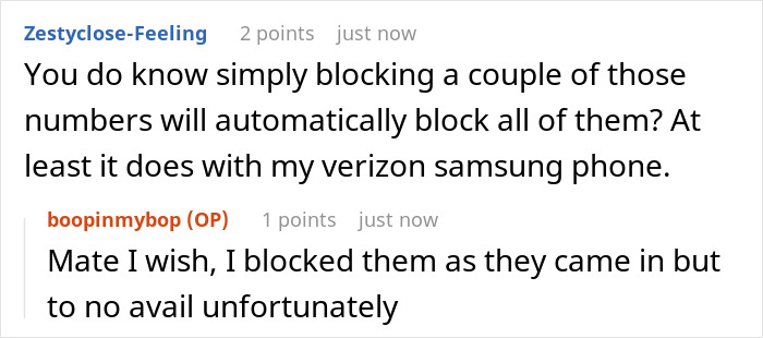 Reddit users discuss spam callers and blocking them on phones.