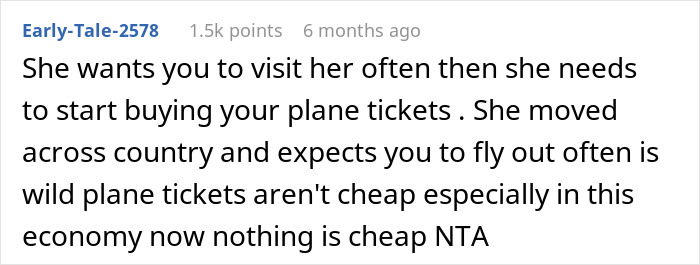 Reddit comment about travel expenses for visiting a daughter who moved far away, expecting as much help as her sister.
