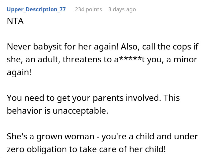 Teen Threatened With A Beating For Choosing To Enjoy Her Day Off Instead Of Babysitting Niece