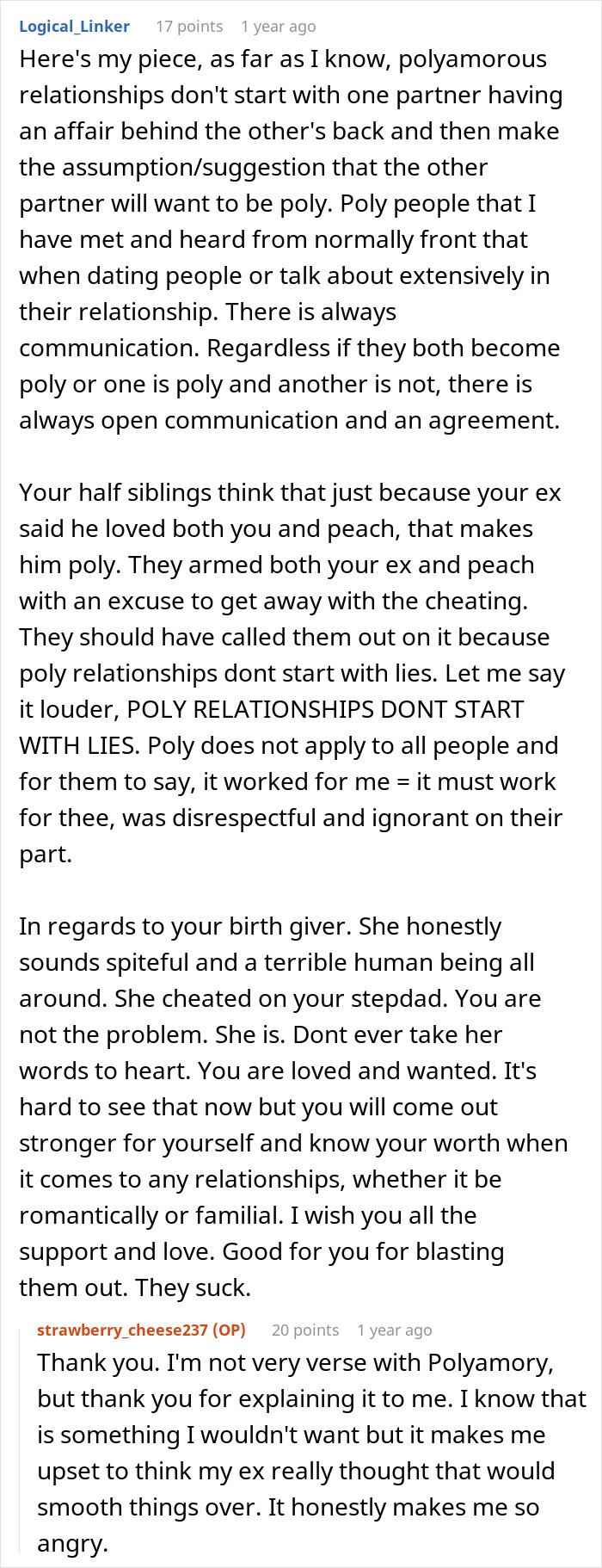 Text discusses affair revelation and family chaos, with a focus on polyamory and communication issues in relationships.