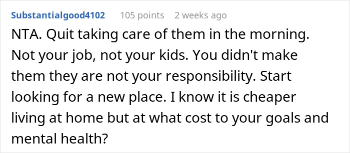 Reddit comment on babysitting nephews and personal responsibilities. Reddit comment on babysitting nephews and personal responsibilities.