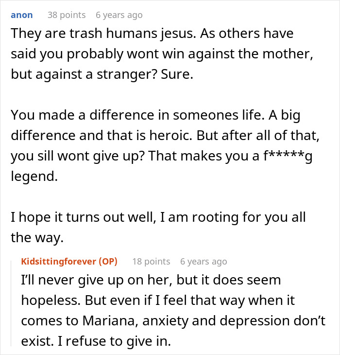 Reddit discussion about a friend babysitting a vanished mom's daughter, showing support and perseverance.