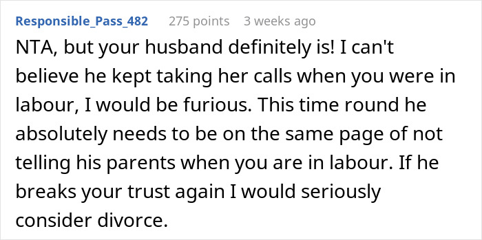 Reddit user comment discussing husband's actions during partner's labor and advice on dealing with his parents.