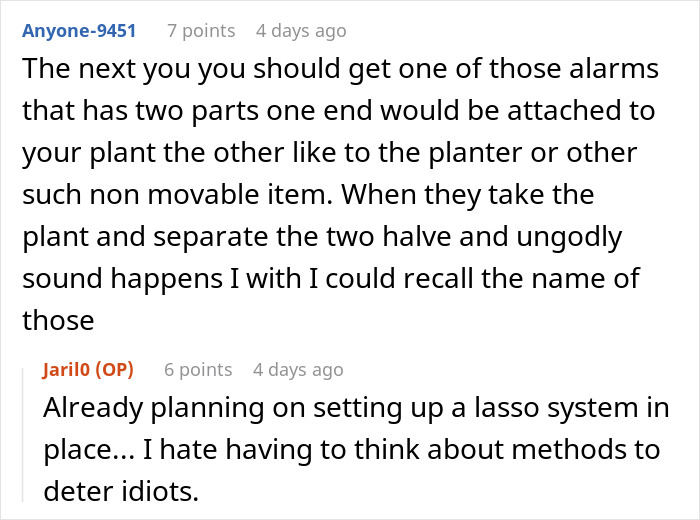 Comments discussing a plan to stop a plant thief, with ideas about alarms and lasso systems.