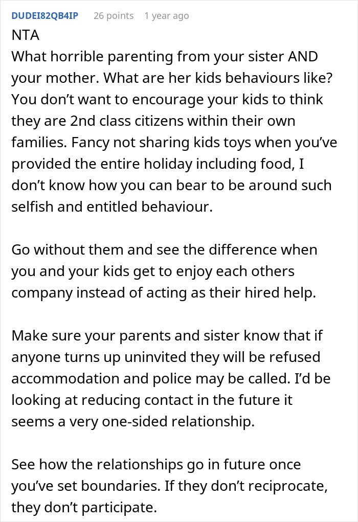 Text comment discussing refusing to invite entitled sister to Easter vacation.
