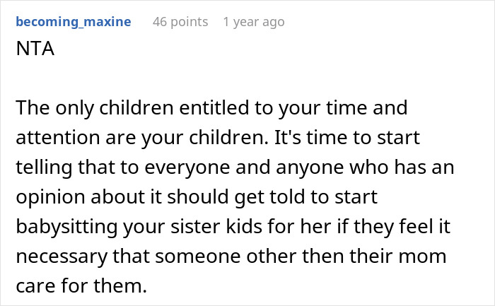 Reddit comment on entitlement of kids and not inviting an entitled sister during Easter vacation.