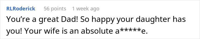 Comment praising a dad for supporting his bi daughter while criticizing the wife who threatens divorce over family issues. Comment praising a dad for supporting his bi daughter while criticizing the wife who threatens divorce over family issues.