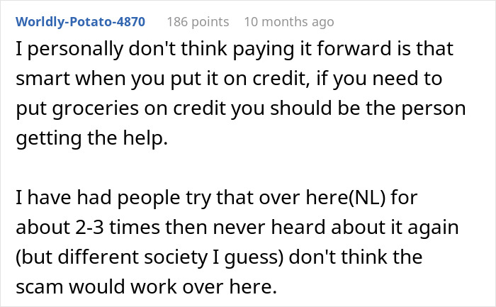 User comment discussing the idea of paying for groceries on credit and its effectiveness in different societies.