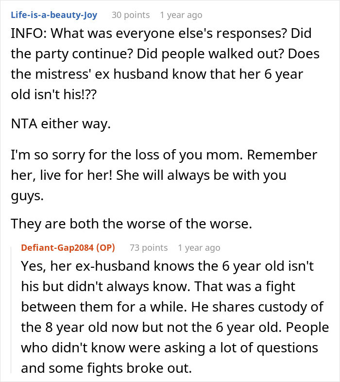 Reddit discussion about an engagement dinner, with commenters questioning family dynamics and past conflicts.