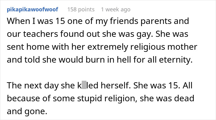 Text post discussing a friend’s suicide after religious rejection, related to wife threatening divorce over bi daughter lifestyle. Text post discussing a friend’s suicide after religious rejection, related to wife threatening divorce over bi daughter lifestyle.