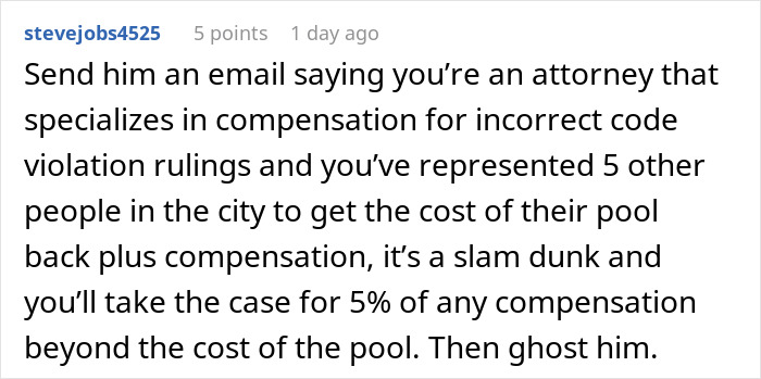 Reddit comment about filing a complaint and legal advice related to an illegal shed and losing a swimming pool.