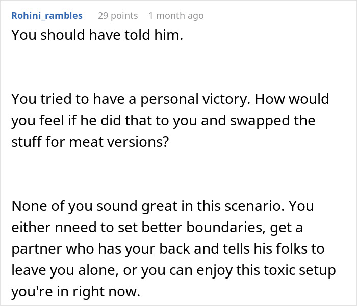 Comment on vegetarian meatball incident, mentioning boundaries and relationship advice.