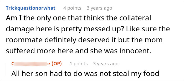 Reddit conversation about roommate revenge involving stealing food and horse meat.