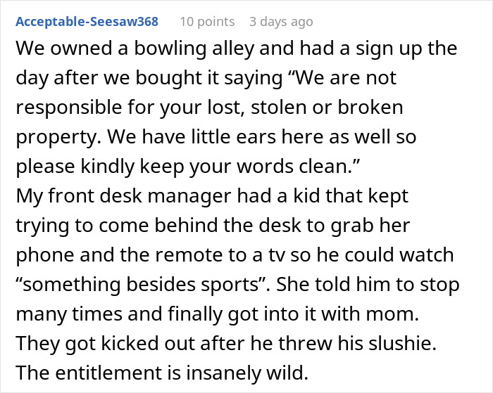 Text describing an incident at a bowling alley with an entitled child causing trouble and being removed.