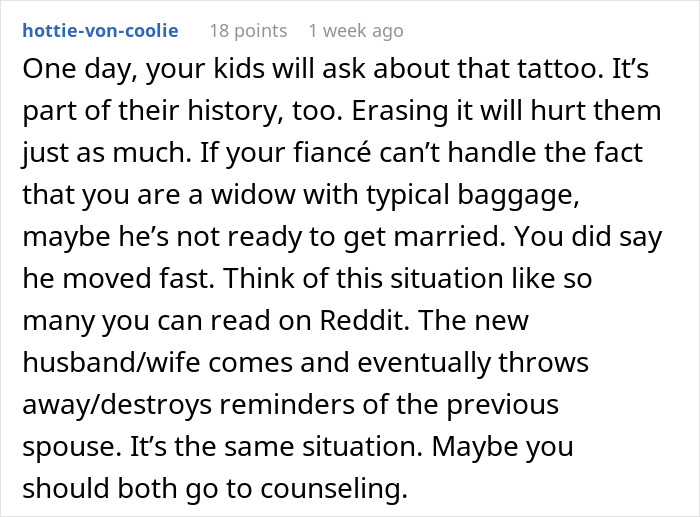 Reddit comment discussing relationship issues related to a tattoo from a past marriage.