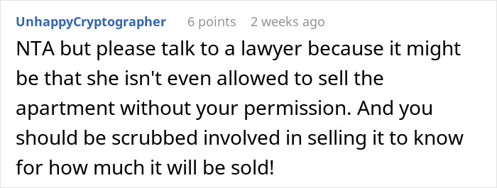 Comment advising legal consultation about selling parents' apartment, highlighting permission and involvement.
