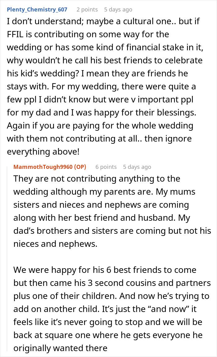 Future father-in-law invites 23 extra guests to the wedding, causing bride's frustration in Reddit post discussion.