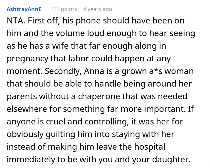 Online comment about a husband prioritizing female friend over childbirth, discussing responsibility and priorities.