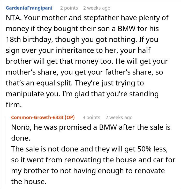 Reddit discussion on inheritance, sharing money from parents' apartment, and family dynamics.